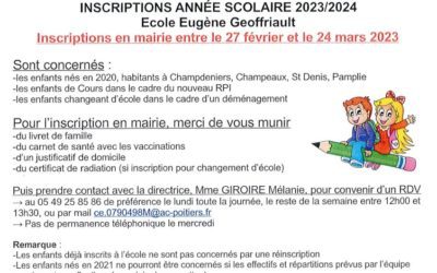 Inscriptions année scolaire 2023/2024                            Ecole Eugène Geoffriault