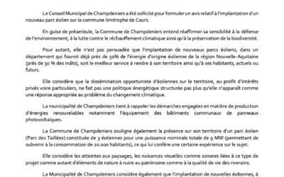 Communiqué de presse relatif au projet d’installation de deux éoliennes et d’un poste de livraison sur le territoire de la commune de Cours.